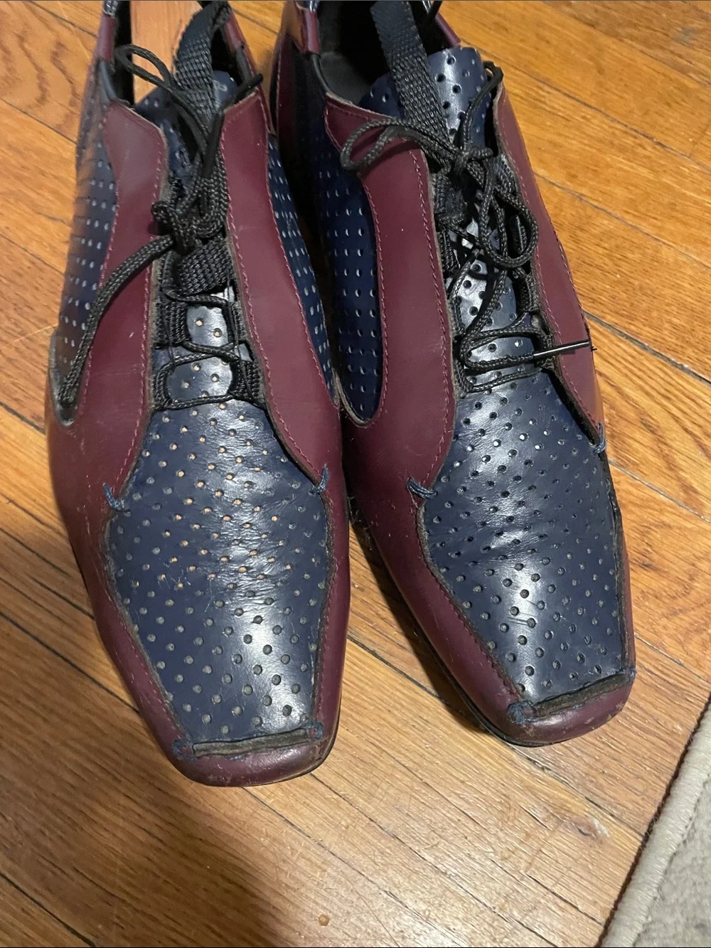 Prada Navy and Burgundy Perforated Leather Oxfords